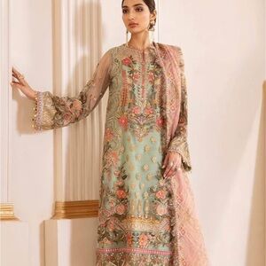 Pakistani designer dress Chantelle  Green and Pink Embroidered Long Sleeve Dress